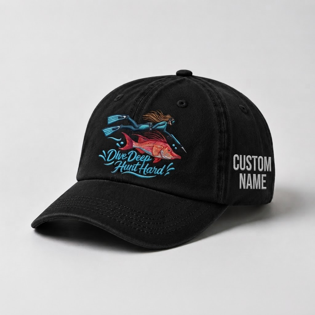 Spearfishing Hats For Women, Dive Deep Hunt Hard Custom Embroidered Baseball Cap, Personalized Vintage Washed Hat, Scuba Diving Gift