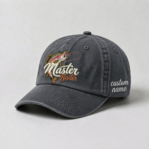 Master Baiter Fishing Hat, Personalized Trout Fish Dad Cap, Embroidered Outdoor Hat, Funny Fisherman Gift, Vintage Washed Baseball Cap - 1