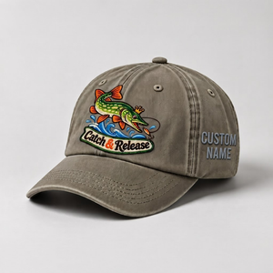 Pike Hat, Custom Catch And Release Embroidered Cap, Personalized Fisherman Gift, Vintage Washed Cotton Dad Hat, Fishing Merch - 6