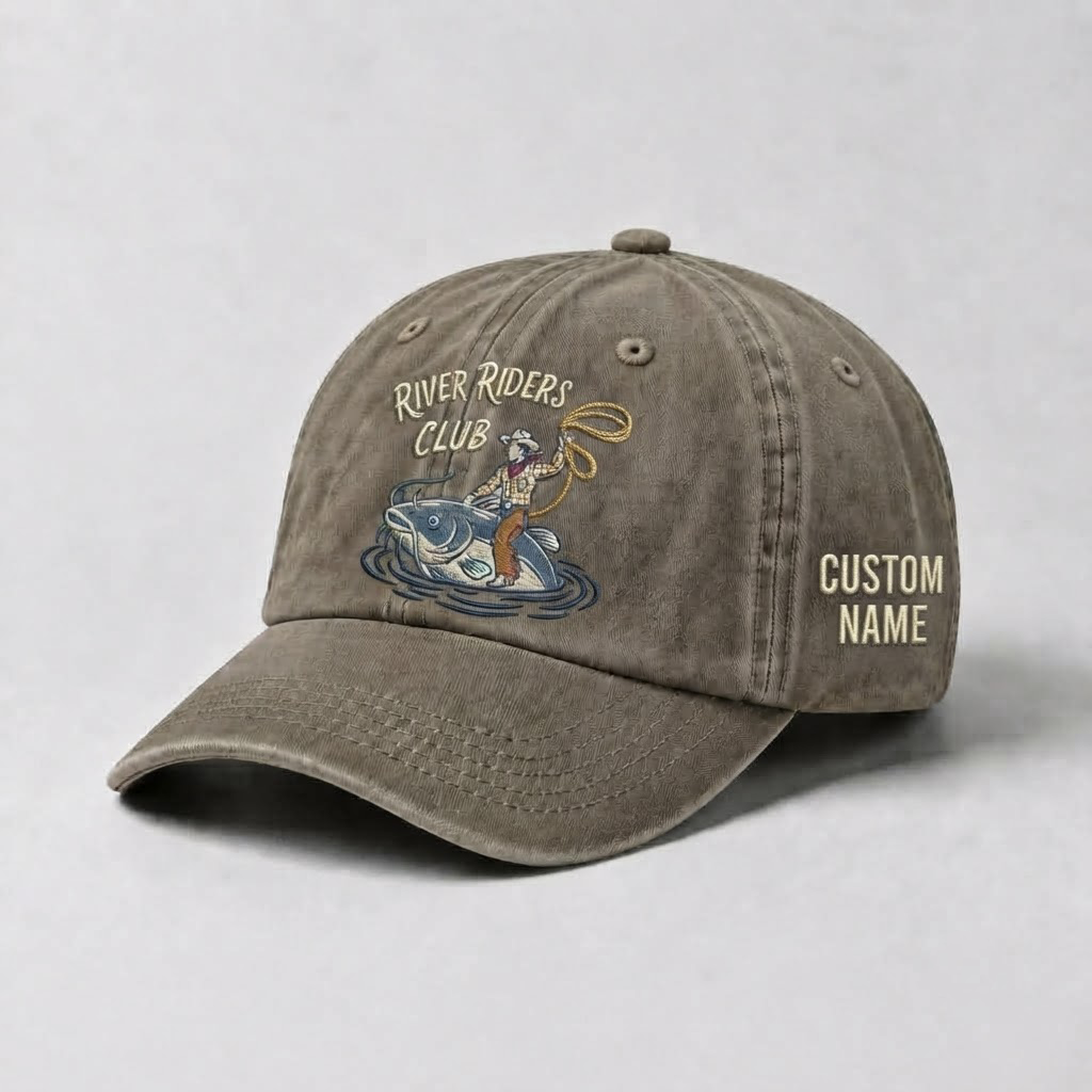 River Riders Club Fishing Hat,  Personalized Fisherman Gift, Cowboy Catfish Embroidered Cap, Vintage Dad Hat, Outdoor Angler Cap