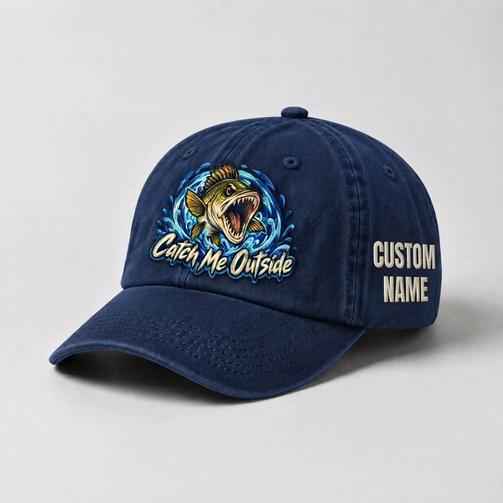 Custom Name Walleye Hat, Personalized Catch Me Outside Fishing Cap, Vintage Fisherman Gift, Embroidered Outdoor Dad Hat