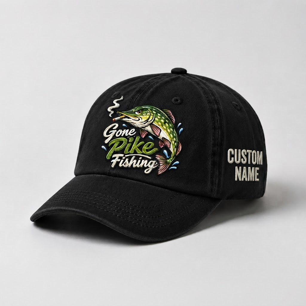 Pike Hat, Custom Gone Pike Fishing Embroidered Cap, Personalized Fisherman Gift, Vintage Washed Cotton Dad Hat, Fishing Merch