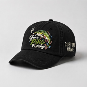 Pike Hat, Custom Gone Pike Fishing Embroidered Cap, Personalized Fisherman Gift, Vintage Washed Cotton Dad Hat, Fishing Merch - 2