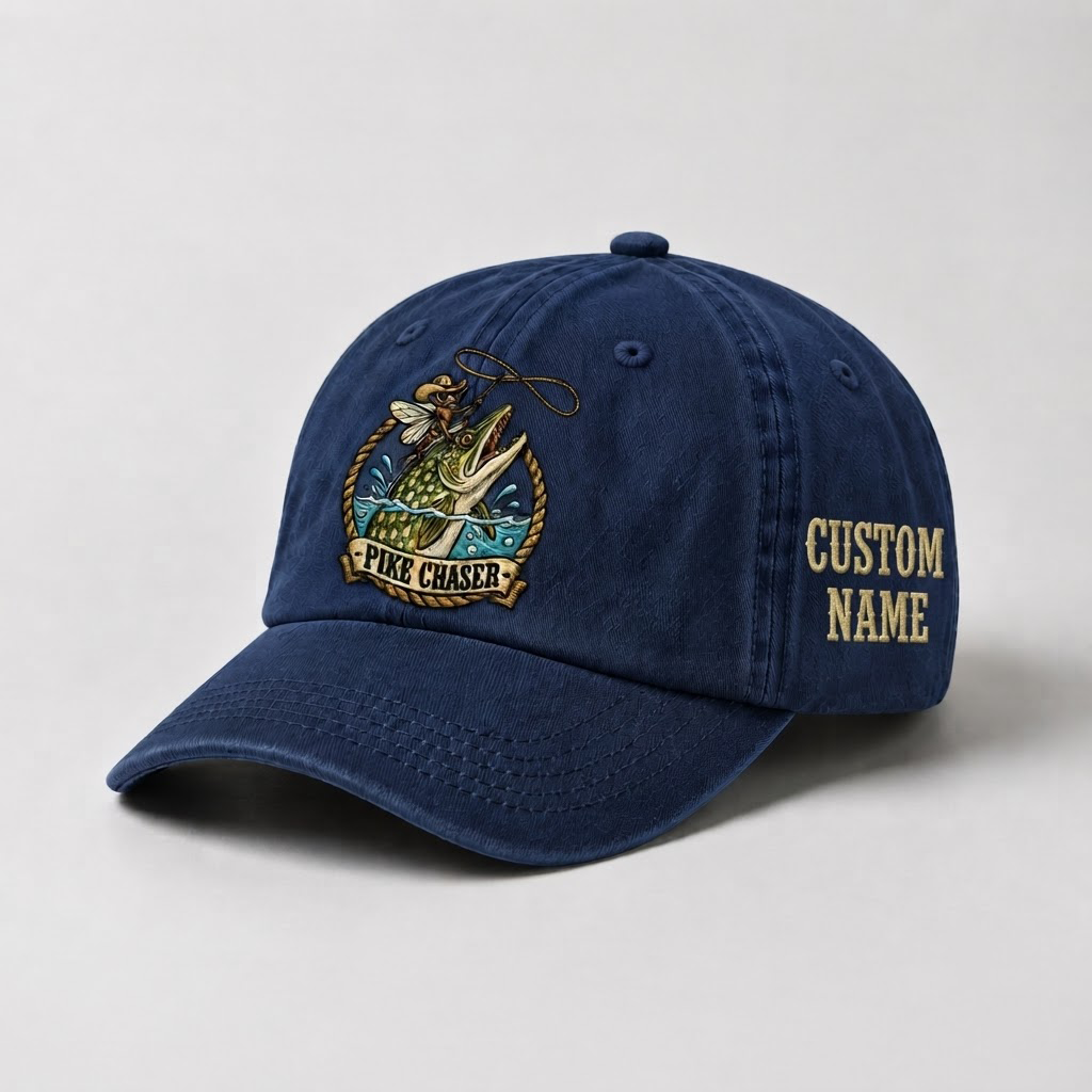 Pike Hat, Custom Pike Chaser Embroidered Cap, Personalized Fisherman Gift, Vintage Washed Cotton Dad Hat, Fishing Merch