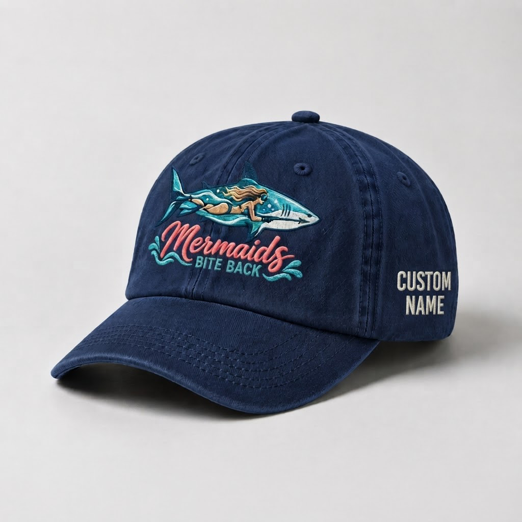 Spearfishing Hats For Women, Mermaids Bite Back Custom Embroidered Baseball Cap, Personalized Vintage Washed Hat, Scuba Diving Gift
