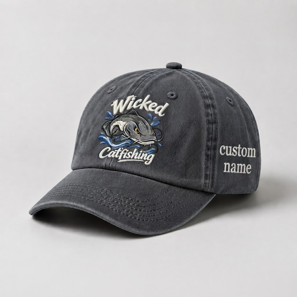 Wicked Catfishing Hat, Personalized Fisherman Gift, Fishing Embroidered Cap,  Vintage Dad Hat, Outdoor Angler Cap