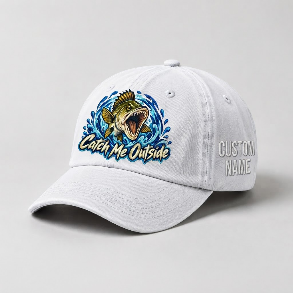 Custom Name Walleye Hat, Personalized Catch Me Outside Fishing Cap, Vintage Fisherman Gift, Embroidered Outdoor Dad Hat