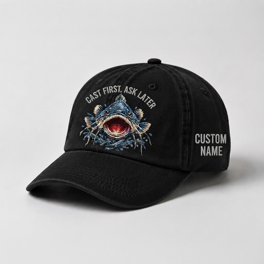 Cast First Ask Later Embroidered Cap, Personalized Fisherman Gift, Catfish Fishing Hat,   Vintage Dad Hat, Outdoor Angler Cap