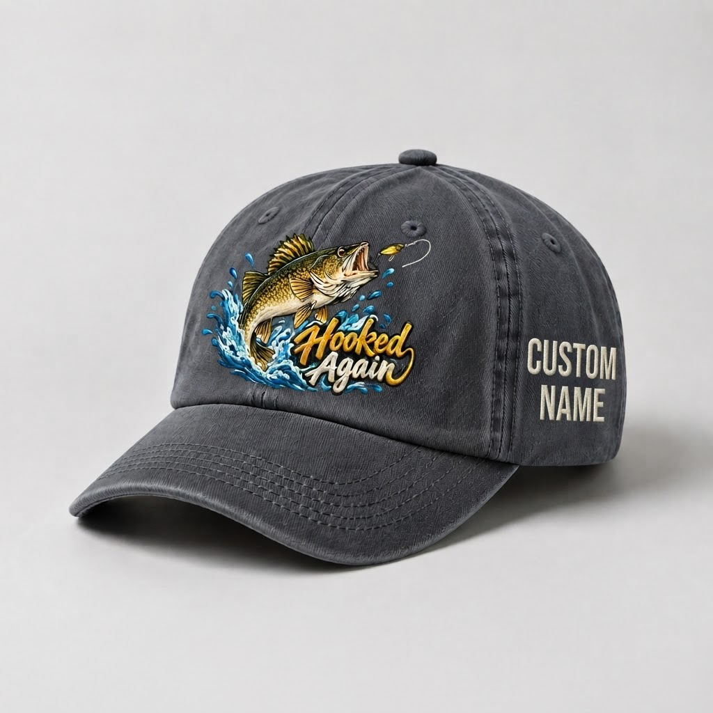 Custom Name Walleye Hat, Personalized Hooked Again Fishing Cap, Vintage Fisherman Gift, Embroidered Outdoor Dad Hat