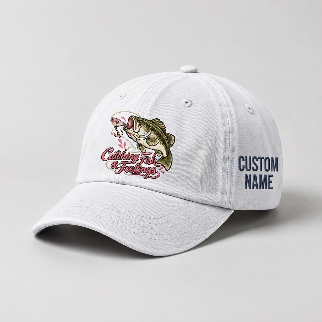 Catching Fish & Feelings Custom Name Hat, Largemouth Bass Embroidered Cap, Cute Fishing Gifts for Women, Outdoors Fisherwoman Hat