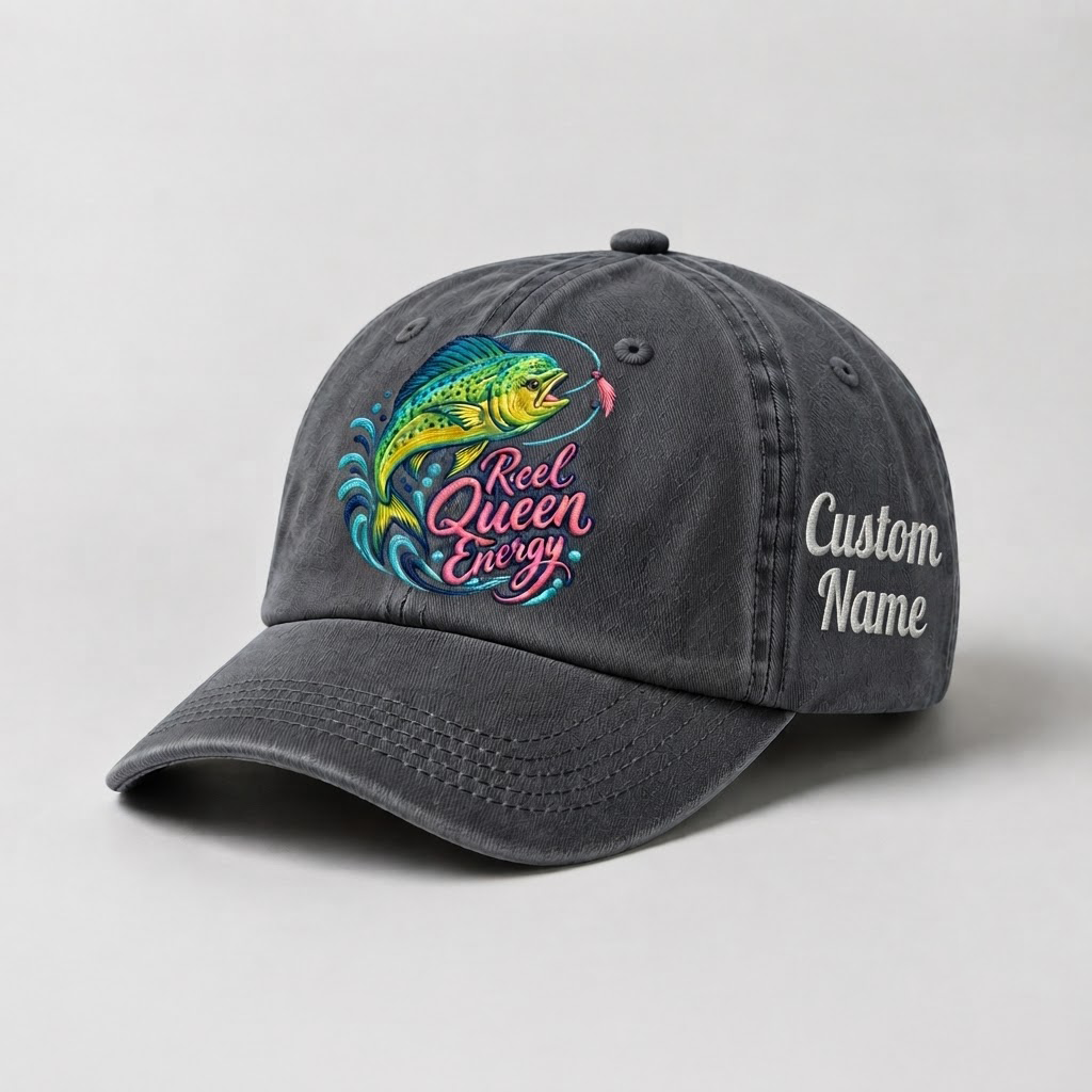 Reel Queen Energy Hat for Women, Custom Fishing Hat for Women, Personalized Mahi Mahi Embroidery Cap,  Gift for Her