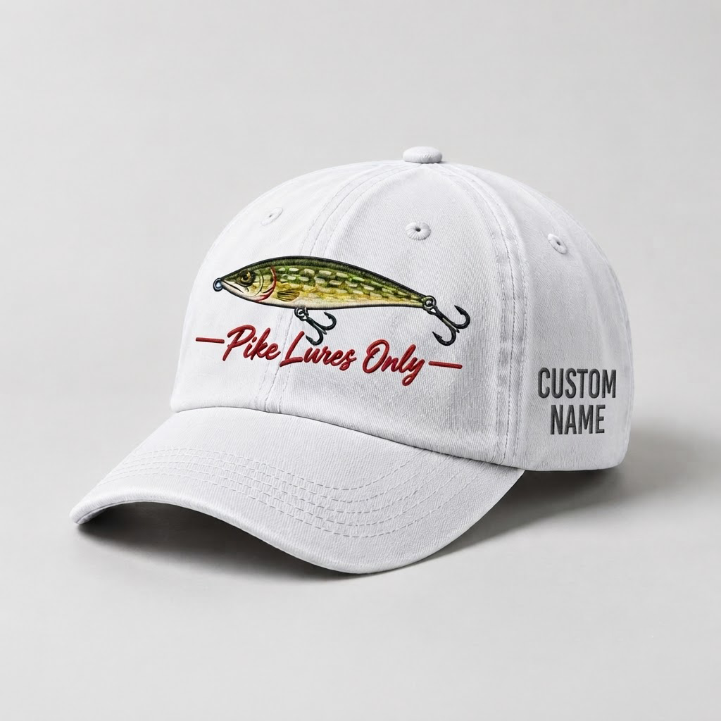 Pike Hat, Personalized Fishing Cap, Custom Name Embroidered Dad Hat, Pike Lures Only Vintage Fisherman Gift, Outdoor Angler Enthusiast