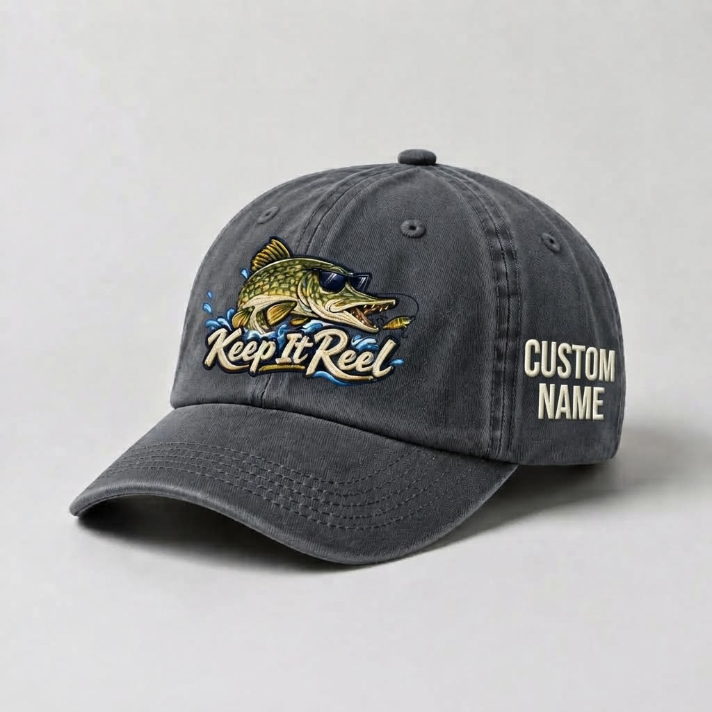 Pike Hat, Custom Keep It Reel Embroidered Cap, Personalized Fisherman Gift, Vintage Washed Cotton Dad Hat, Fishing Merch