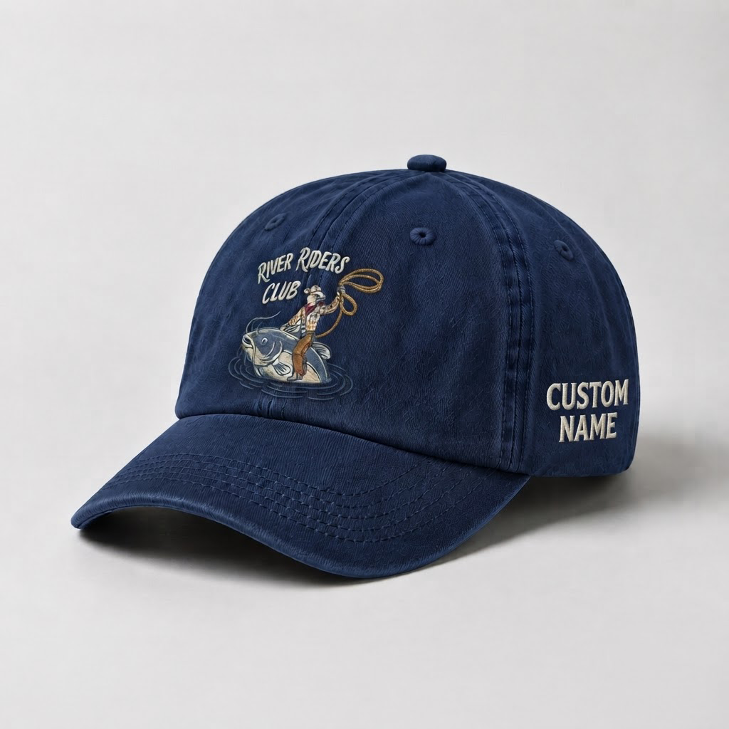 River Riders Club Fishing Hat,  Personalized Fisherman Gift, Cowboy Catfish Embroidered Cap, Vintage Dad Hat, Outdoor Angler Cap