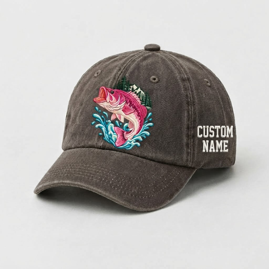 Largemouth Bass Hat for Women, Jumping Bass Fishing Cap, Custom Angler Gift, Vintage Washed Embroidered Cotton Baseball Dad Hat