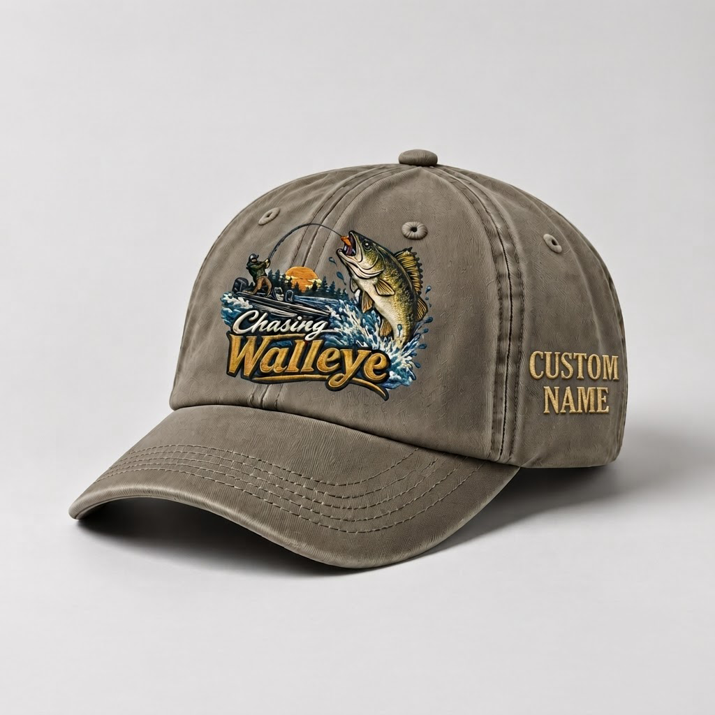 Custom Walleye Hat, Personalized Chasing Walleye Fishing Cap, Vintage Angler Gift, Fisherman Dad Hat, Outdoor Sports Embroidered Hat