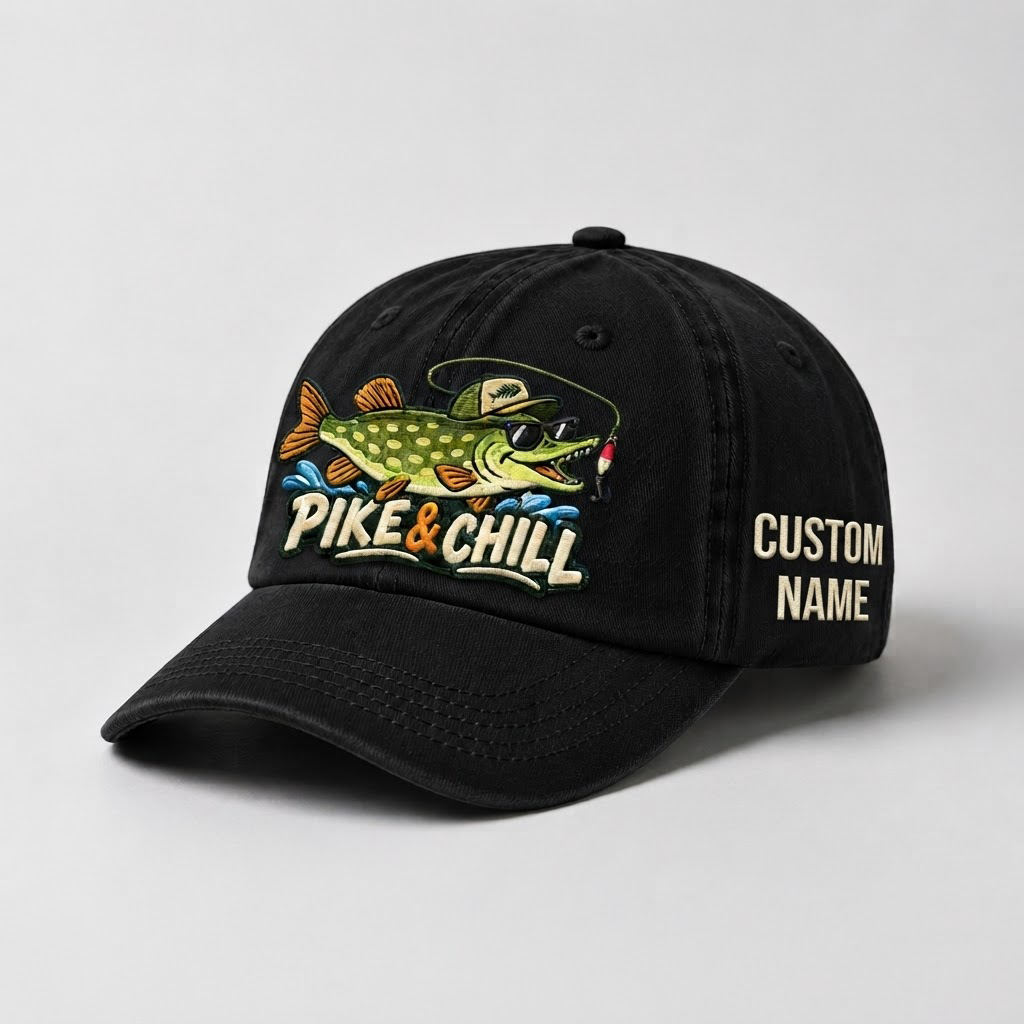 Pike Hat, Custom Pike And Chill Embroidered Baseball Cap, Personalized Fishing Lover Gift, Vintage Washed Cotton Dad Hat, Fisherman Merch