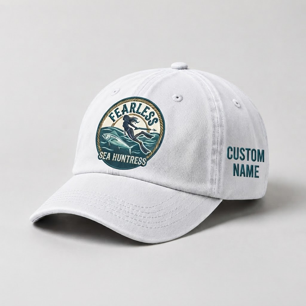 Spearfishing Hats For Women, Fearless Sea Huntress Custom Embroidered Baseball Cap, Personalized Vintage Washed Hat, Scuba Diving Gift