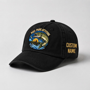 Pike Hat, Custom Name Fisherman Cap, Pike Pure Attitude Fishing Hat, Personalized Angler Gift, Vintage Embroidered Dad Baseball Cap - 2