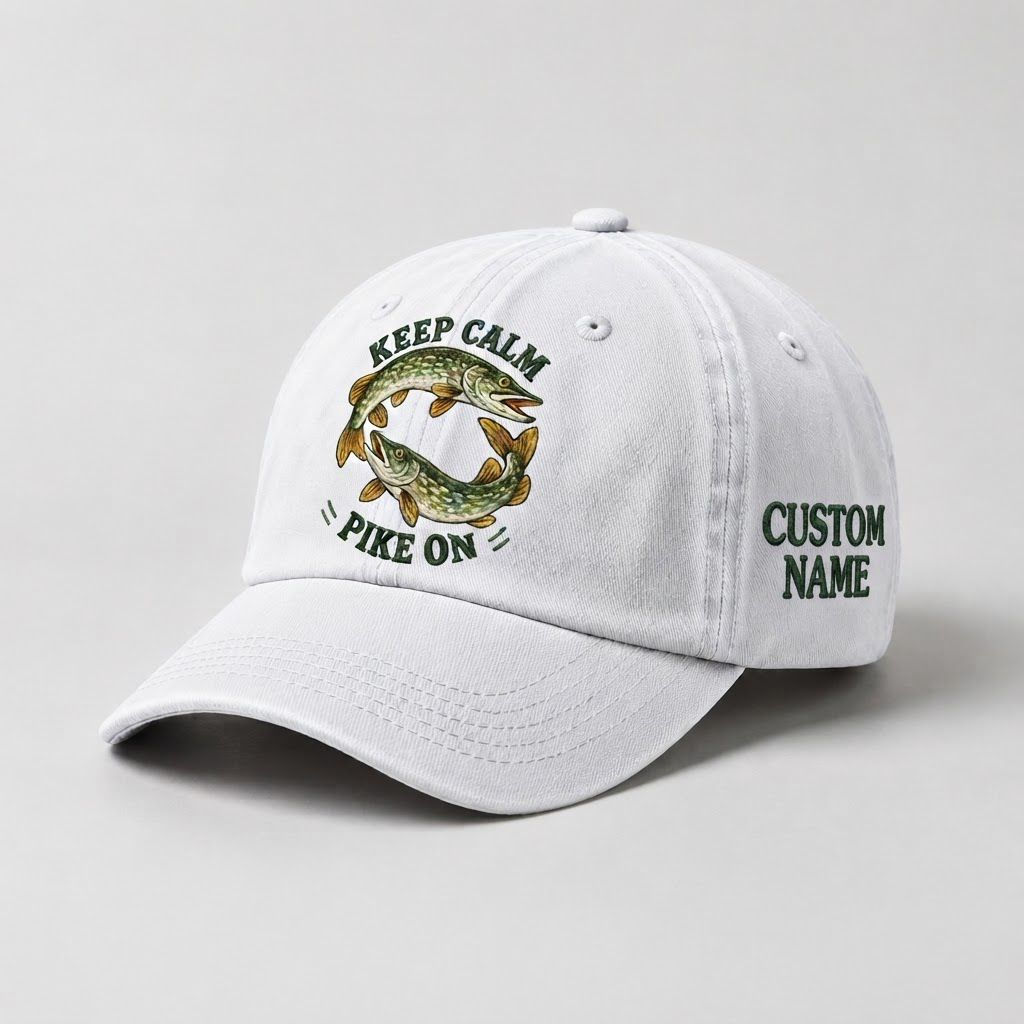 Pike Hat, Personalized Fishing Cap, Custom Name Embroidered Hat, Keep Calm Pike On Vintage Dad Hat, Angler Gift