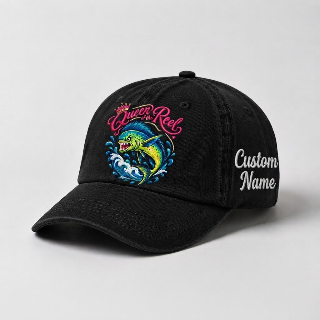 Queen of the Reel Hat for Women, Custom Fishing Hat for Women, Personalized Mahi Mahi Embroidery Cap, Gift for Her