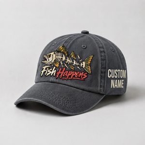 Personalized Walleye Hat, Custom Name Fish Happens Fishing Cap, Vintage Fisherman Gift, Embroidered Outdoor Dad Hat - 1
