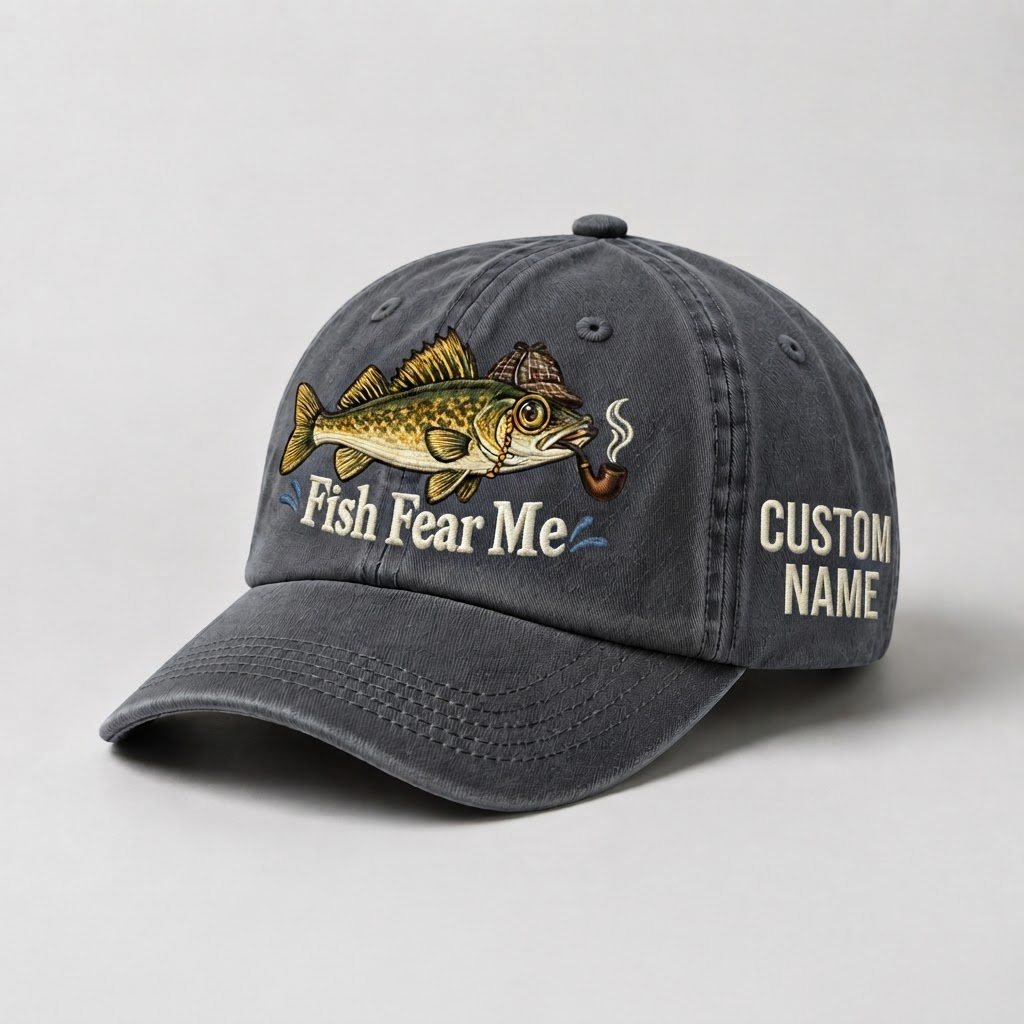 Custom Name Walleye Hat, Personalized Fish Fear Me Fishing Cap, Vintage Fisherman Gift, Embroidered Outdoor Dad Hat