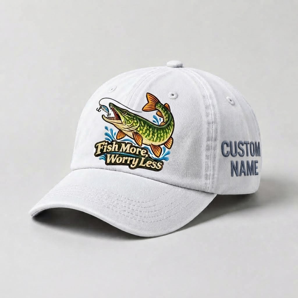 Pike Hat, Custom Fish More Worry Less Embroidered Cap, Personalized Fisherman Gift, Vintage Washed Cotton Dad Hat, Fishing Merch
