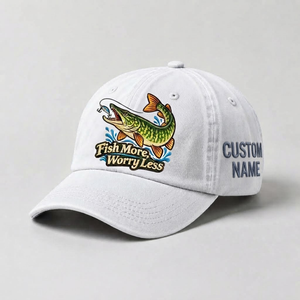 Pike Hat, Custom Fish More Worry Less Embroidered Cap, Personalized Fisherman Gift, Vintage Washed Cotton Dad Hat, Fishing Merch - 4