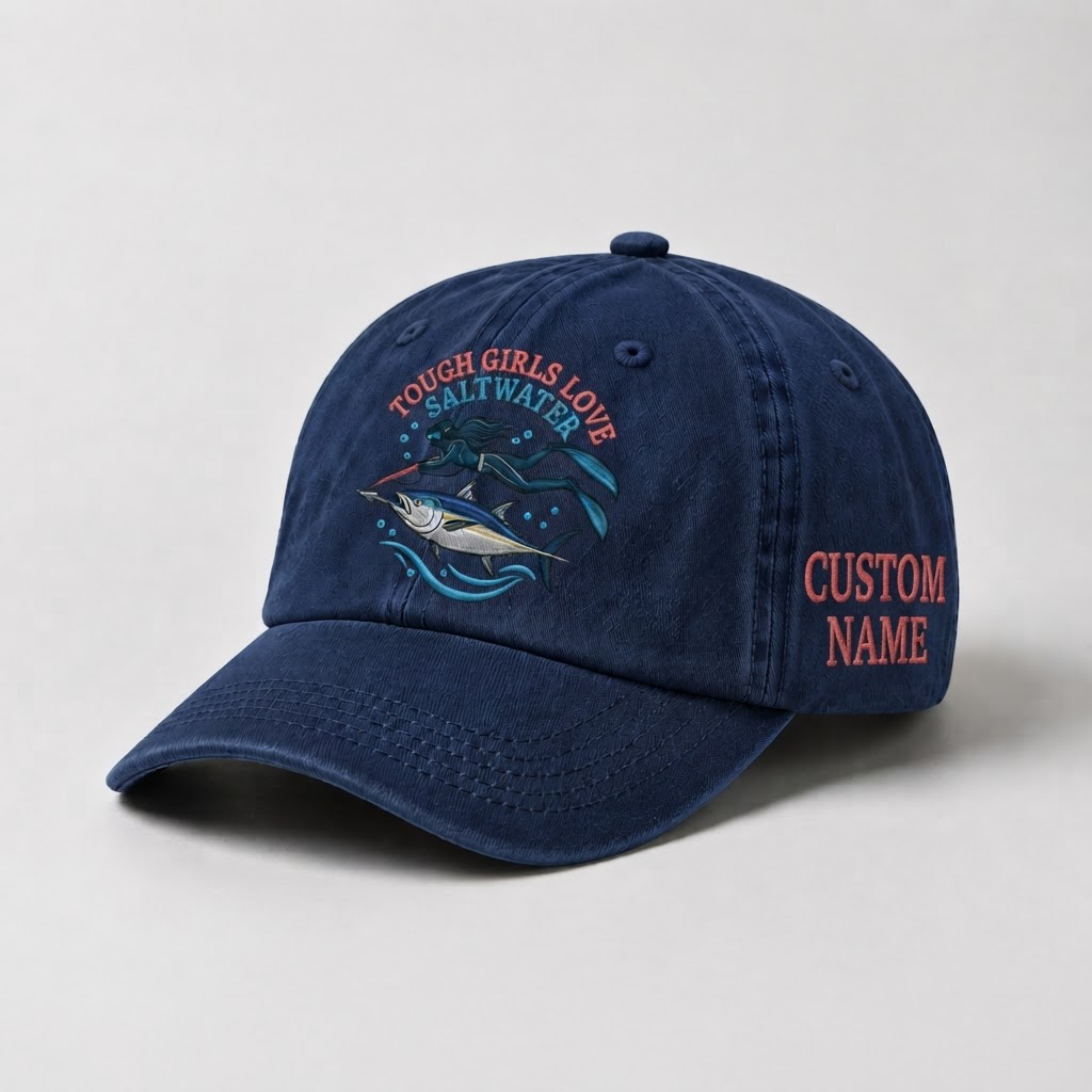 Spearfishing Hats For Women, Tough Girls Love Saltwater Custom Embroidered Baseball Cap, Personalized Vintage Washed Hat, Scuba Diving