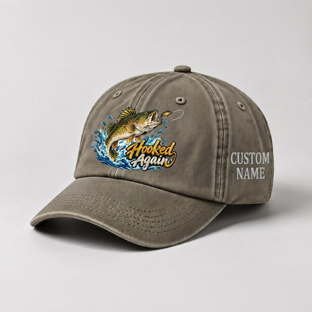 Custom Name Walleye Hat, Personalized Hooked Again Fishing Cap, Vintage Fisherman Gift, Embroidered Outdoor Dad Hat