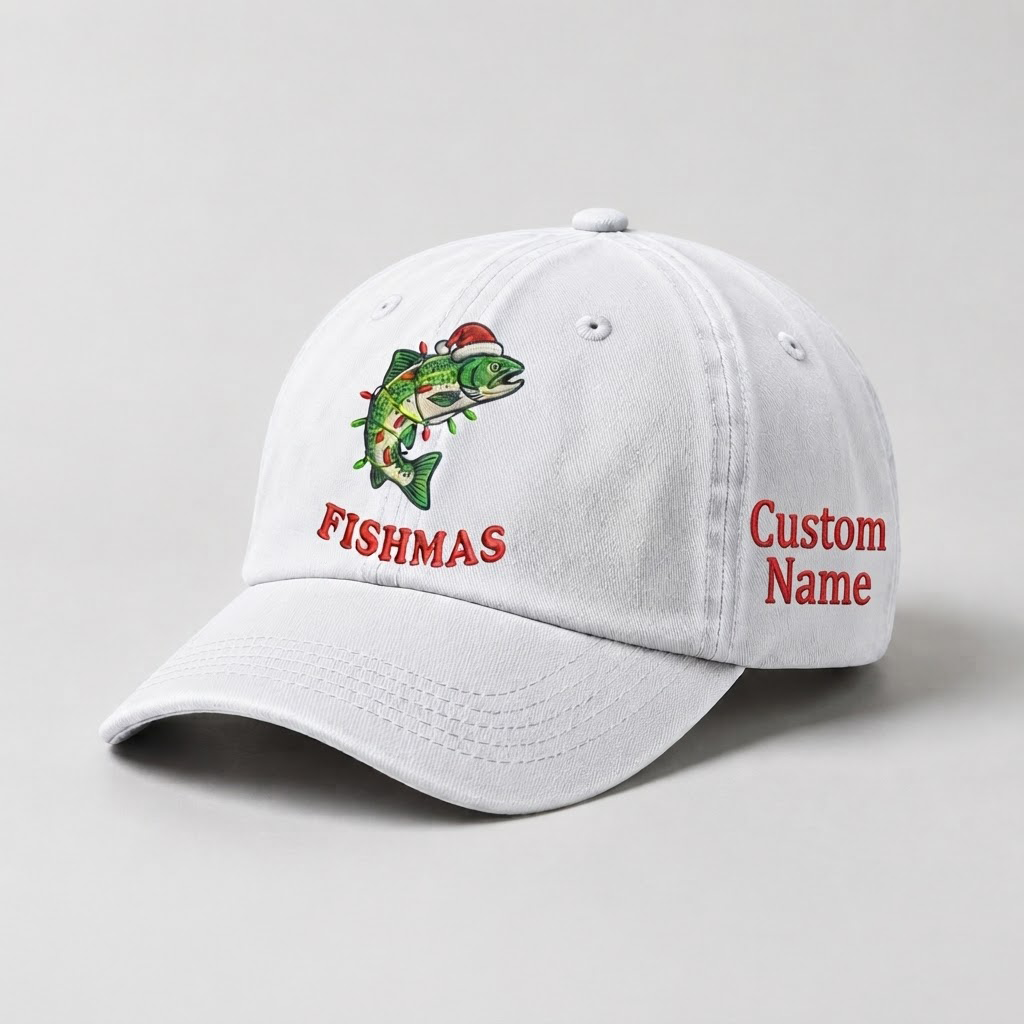 Merry Fishmas Embroidered Hat, Custom Name Christmas Trout Fishing Cap, Vintage Fisherman Dad Hat, Holiday Outdoor Gift, Cute Angler Cap