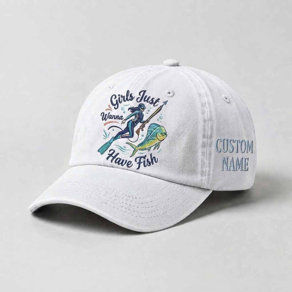 Girls Just Wanna Have Fish Hat, Custom Spearfishing Hat for Women, Personalized Dive Embroidery Cap, Gift For Her