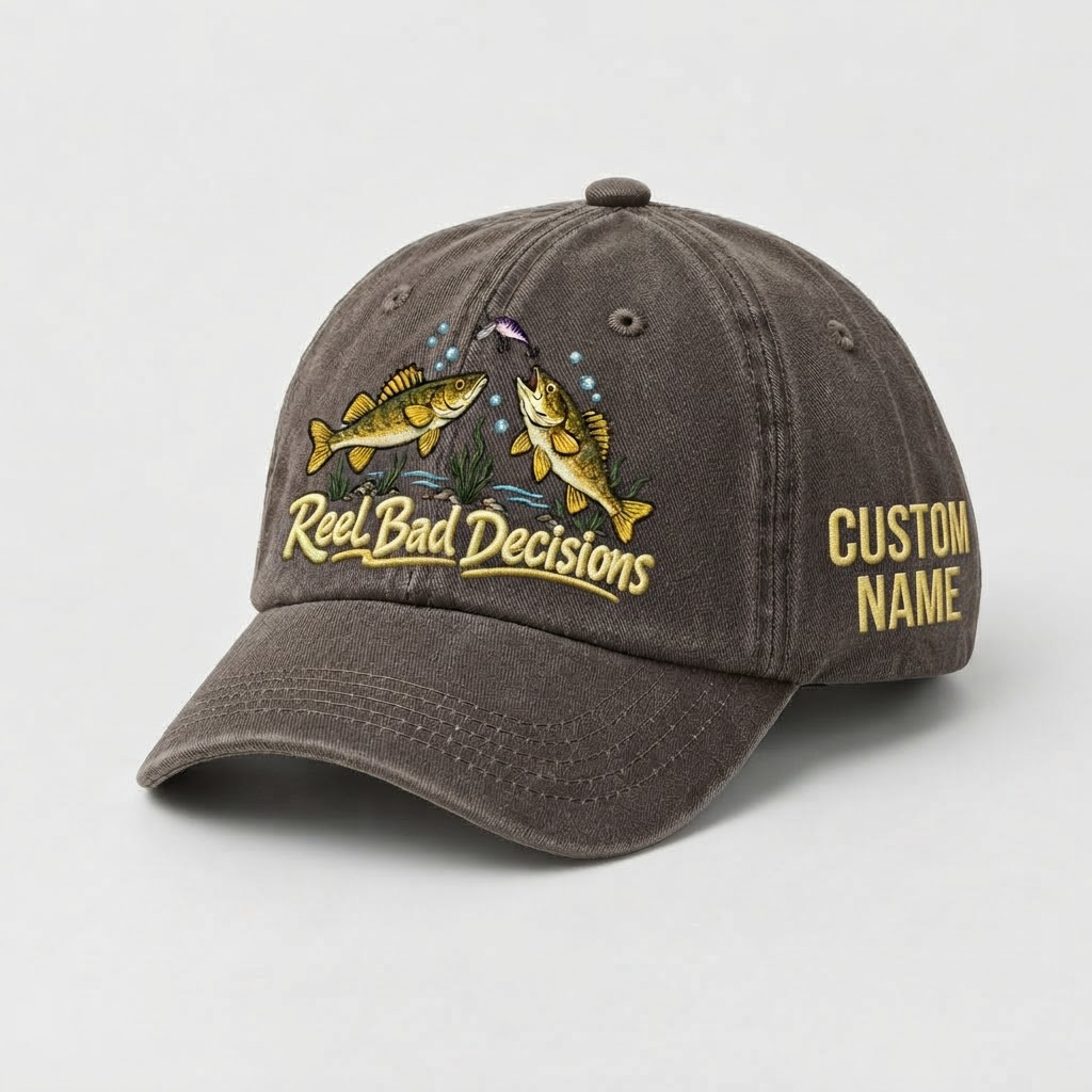 Personalized Walleye Hat, Custom Name Reel Bad Decisions Fishing Cap, Vintage Fisherman Gift, Embroidered Outdoor Dad Hat