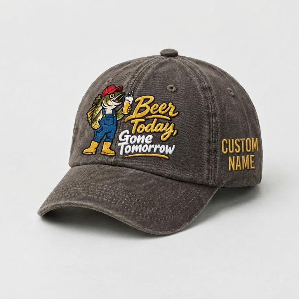 Custom Name Walleye Hat, Personalized Beer Today Gone Tomorrow Fishing Cap, Vintage Fisherman Gift, Embroidered Outdoor Dad Hat