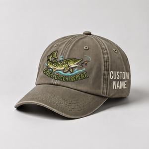 Pike Hat, Custom Cast Catch Repeat Embroidered Cap, Personalized Fisherman Gift, Vintage Washed Cotton Dad Hat, Fishing Merch - 6