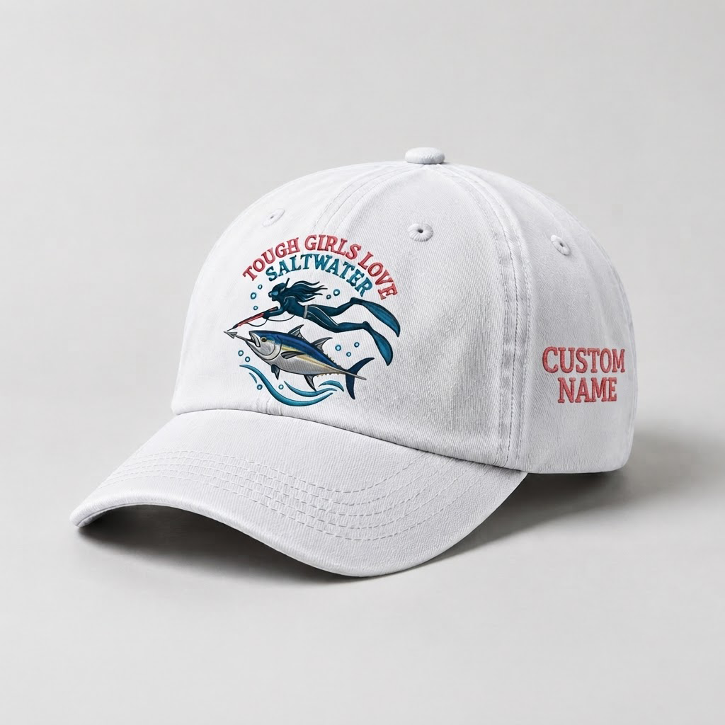 Spearfishing Hats For Women, Tough Girls Love Saltwater Custom Embroidered Baseball Cap, Personalized Vintage Washed Hat, Scuba Diving