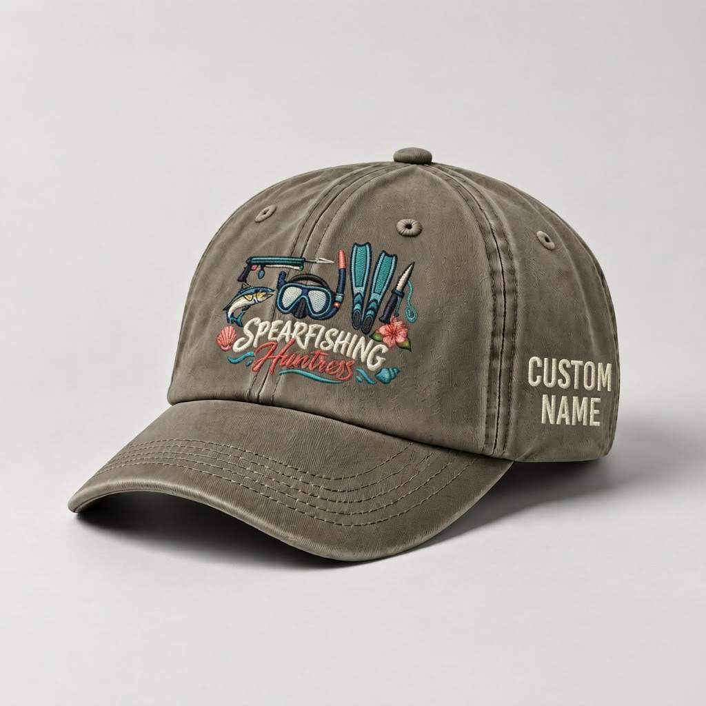 Spearfishing Hats For Women, Spearfishing Huntress Custom Embroidered Baseball Cap, Personalized Vintage Washed Hat, Scuba Diving Gift
