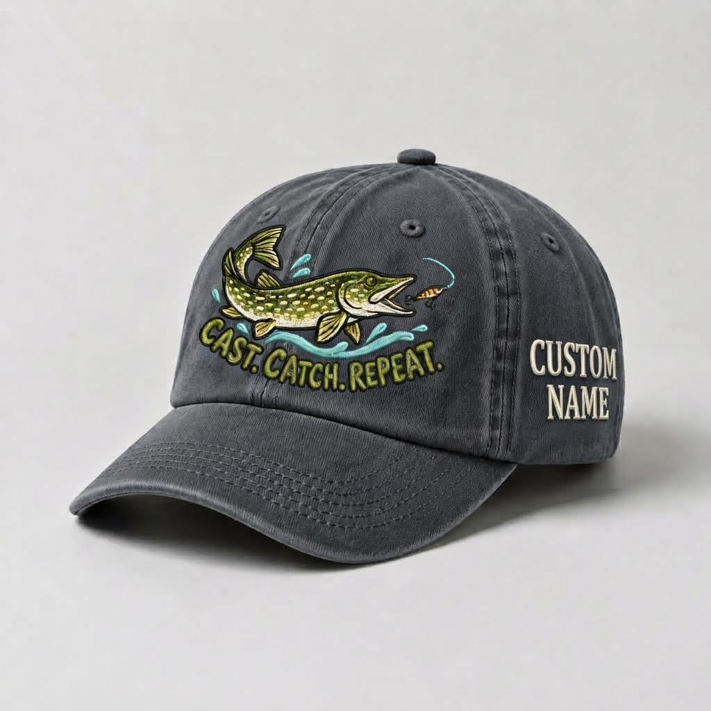 Pike Hat, Custom Cast Catch Repeat Embroidered Cap, Personalized Fisherman Gift, Vintage Washed Cotton Dad Hat, Fishing Merch