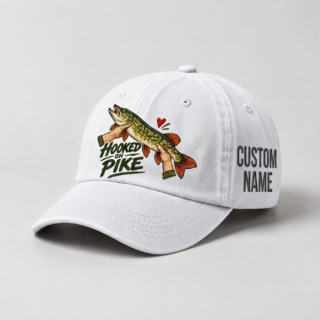 Pike Hat, Custom Hooked On Pike Embroidered Cap, Personalized Fisherman Gift, Vintage Washed Cotton Dad Hat, Fishing Merch