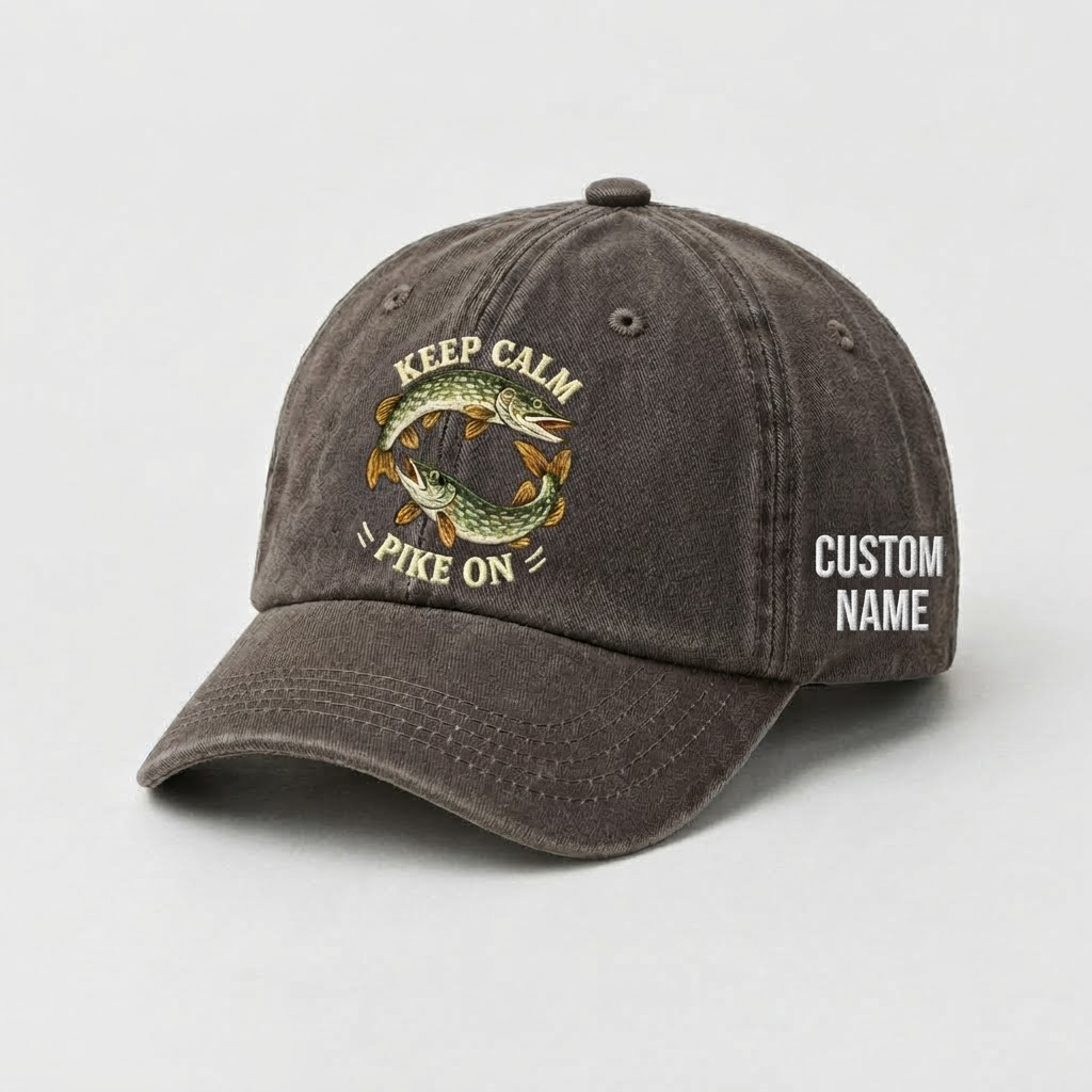 Pike Hat, Personalized Fishing Cap, Custom Name Embroidered Hat, Keep Calm Pike On Vintage Dad Hat, Angler Gift